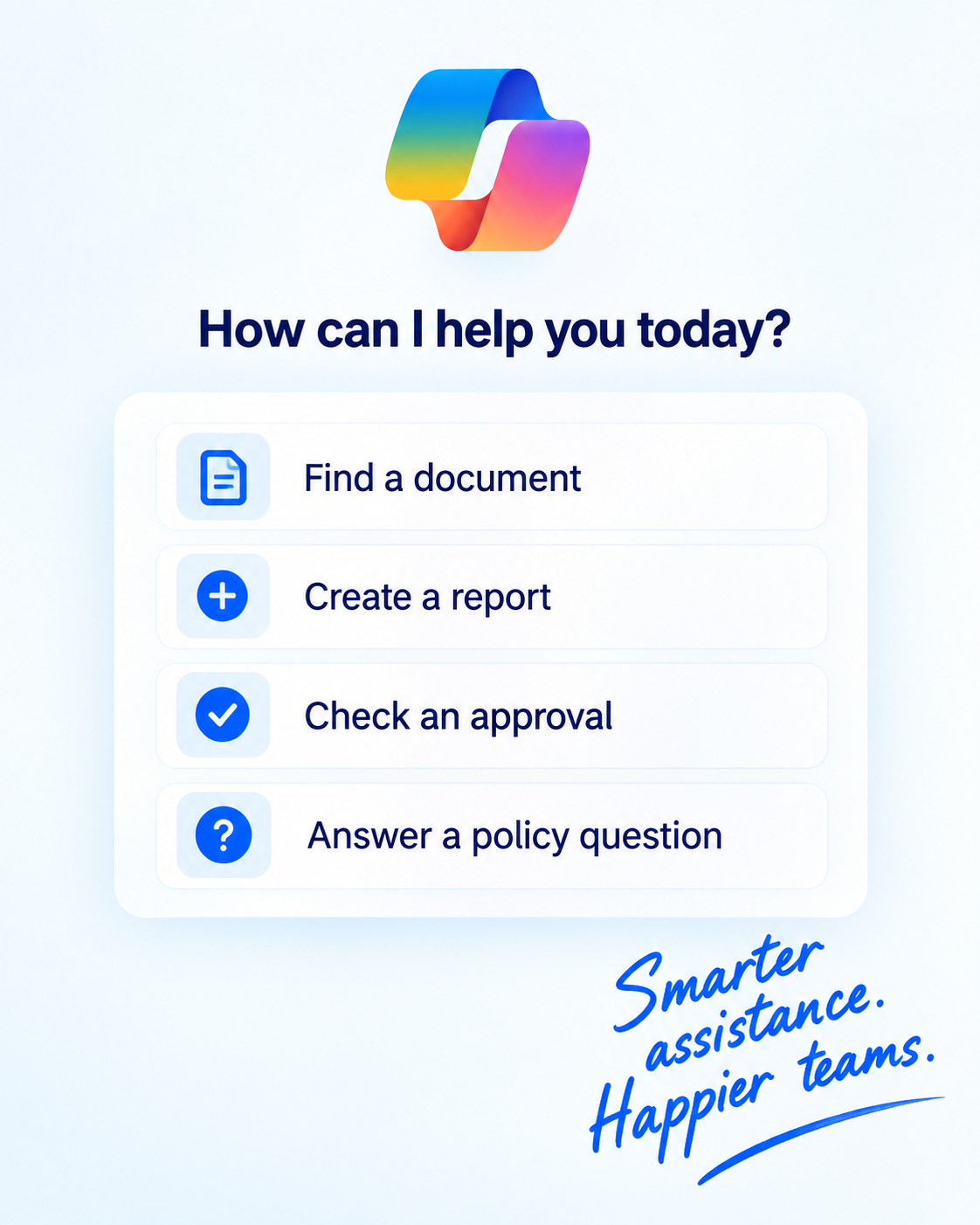Copilot assistant offering document search, report creation and approval checks.