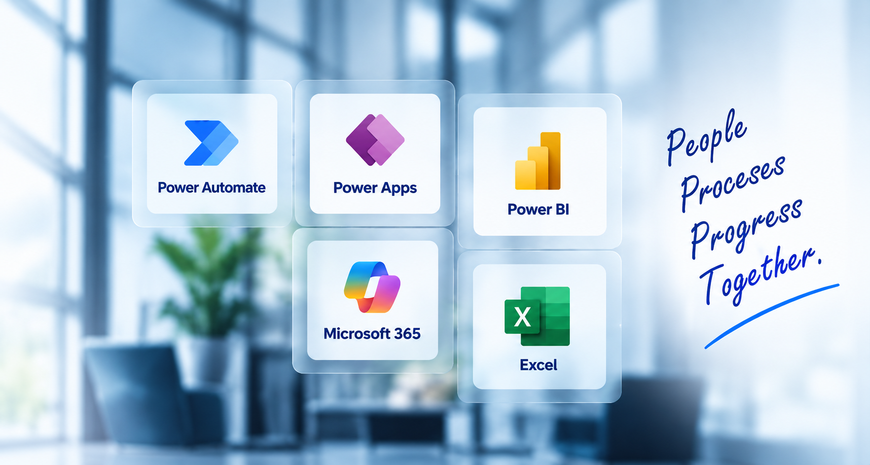 Microsoft Power Automate, Power Apps, Power BI, Microsoft 365 and Excel artwork against an office backdrop.