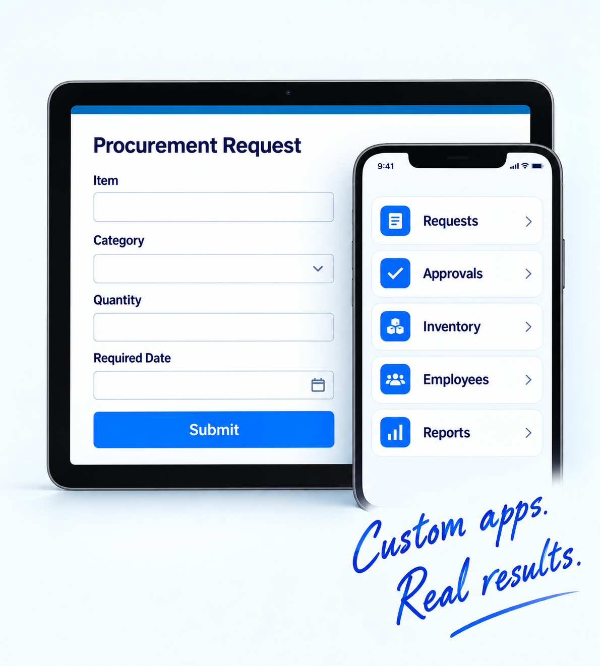 Procurement request application on a tablet and a mobile phone.