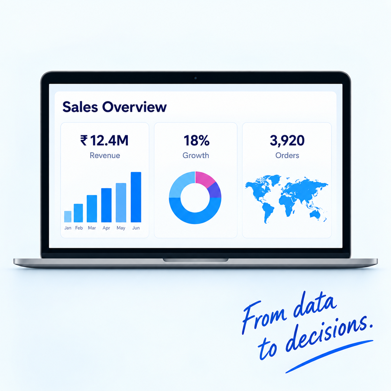 Sales overview dashboard with charts, metrics and a world map.