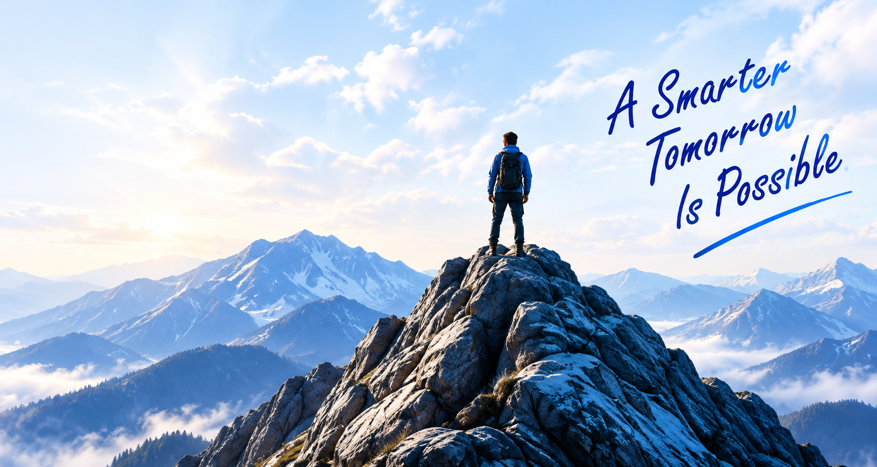 A hiker on a mountain summit with the words A Smarter Tomorrow Is Possible.